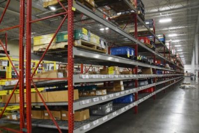 Small parts on shelves in a warehouse